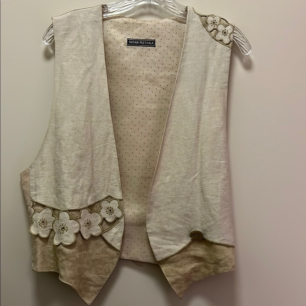 Vintage Susan Plessala Handmade Silk Linen Embroidered Vest One Size